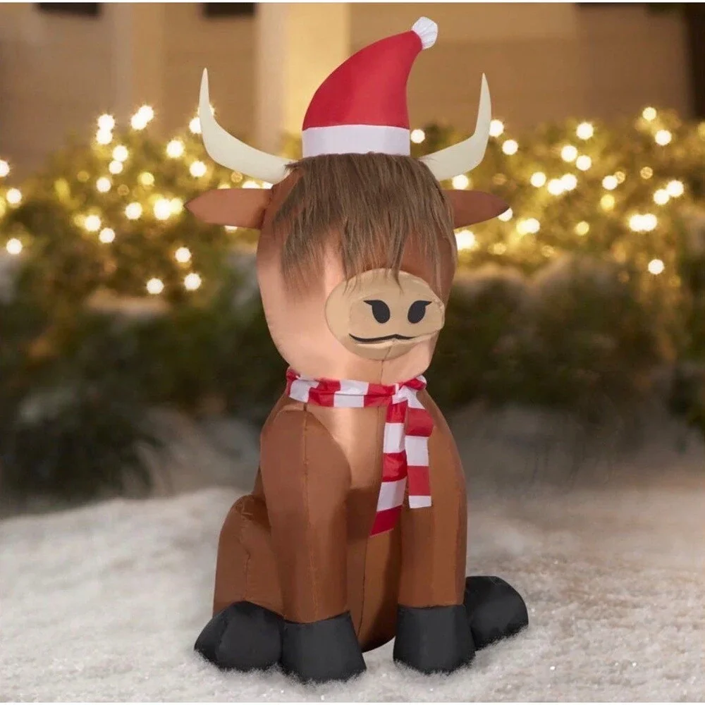 3.5ft Scottish Highlander Cow in Santa Hat Holiday Airblown Inflatable